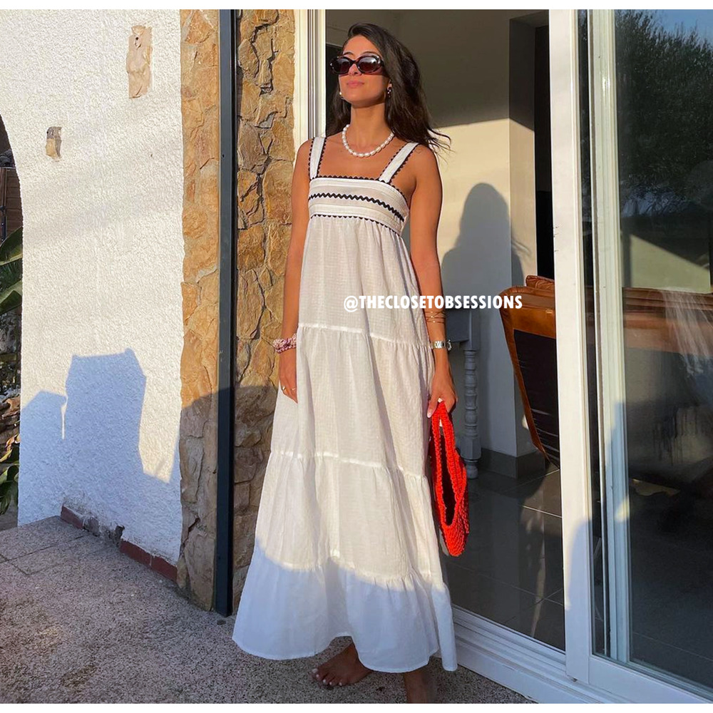 Zara NWT Cream Seersucker Cotton Tiered Midi Dress Lace Applique M - Picture 14 of 16